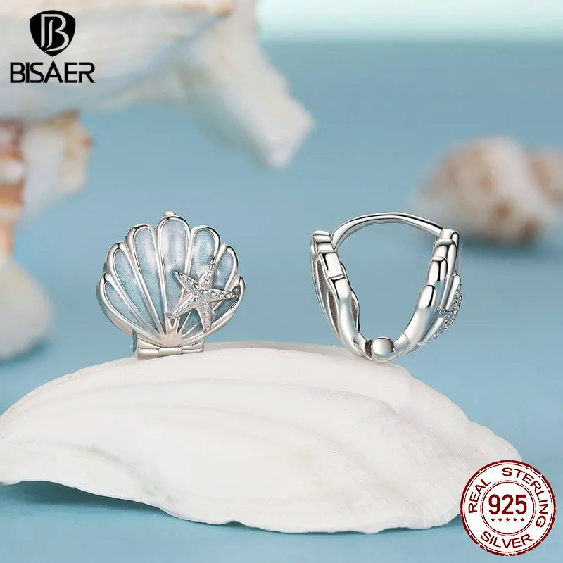 BISAER 925 Sterling Silver Shell Ear Buckles Bule Enamel Stud Ear Plated White Gold for Women Party Fine Jewelry Holiday Gift