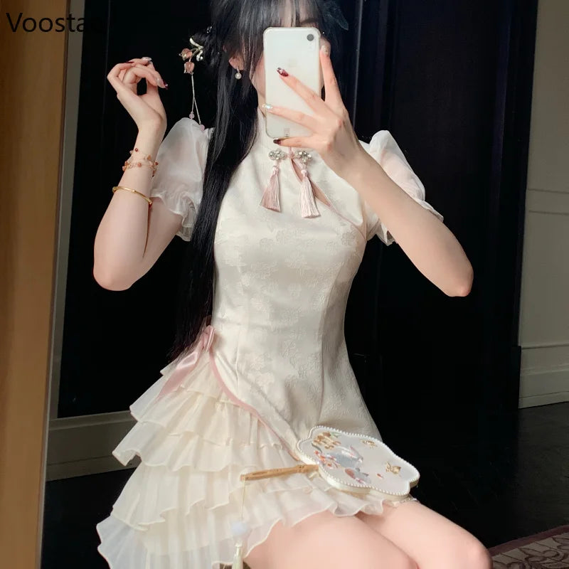 Sweet New Chinese Style Vintage Mini Dress Women Elegant Bow Mesh Jacquard Patchwork Party Dresses Female Casual Slim Cheongsam