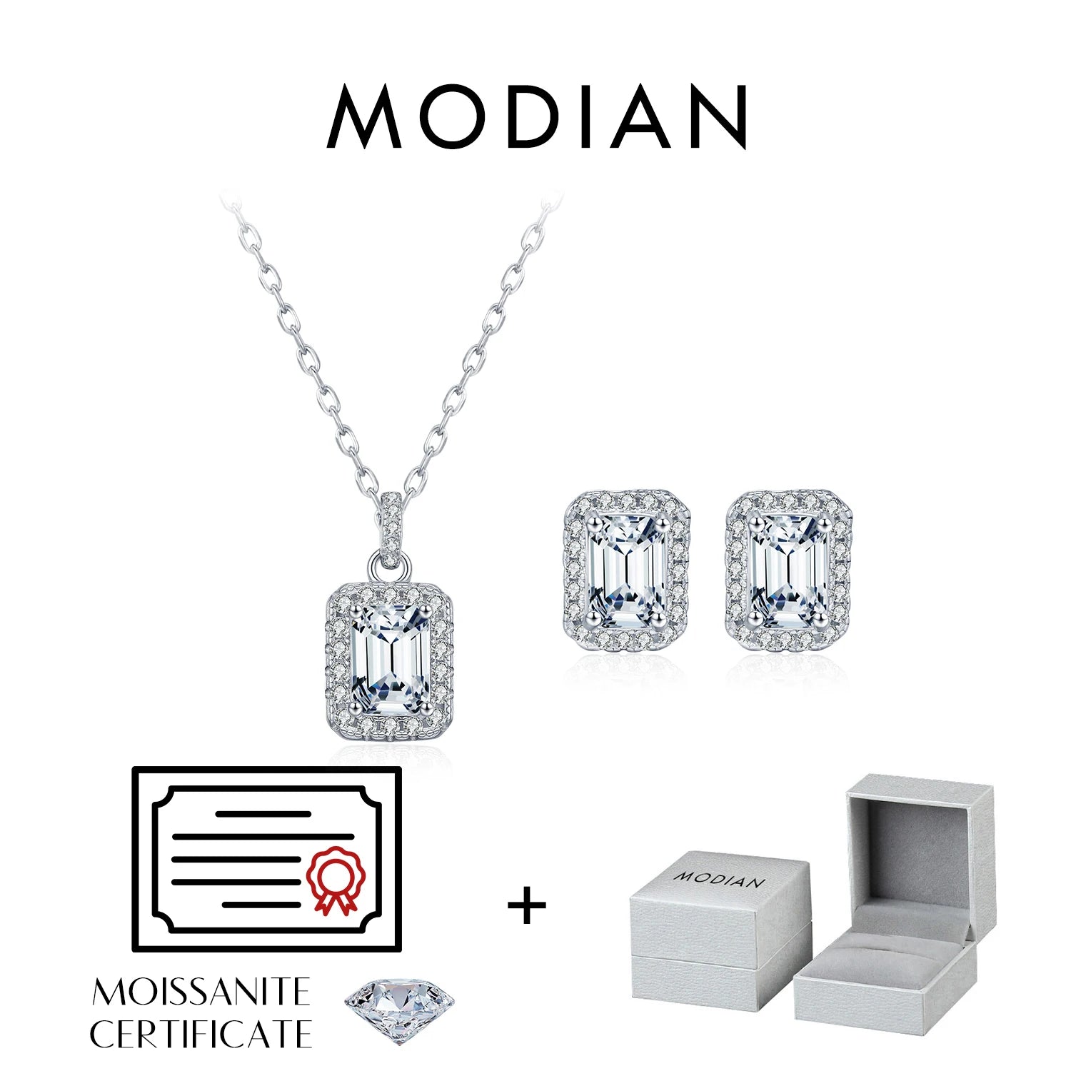 MODIAN Emerald Cut Moissanite Sets 925 Sterling Silver Elegant Pendant Necklace Stud Earrings For Women Bridal Jewelry Set
