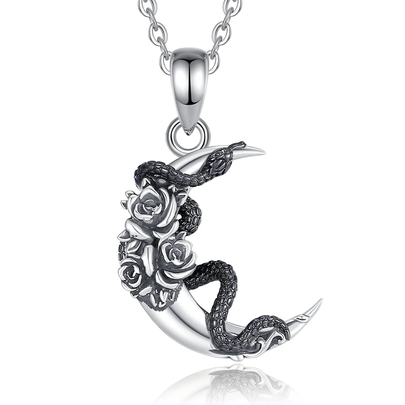 Eudora New 925 Sterling Silver Wicca Moon Necklace Black Snake and Rose Amulet Pendant Personality Jewelry Gift for Men Women
