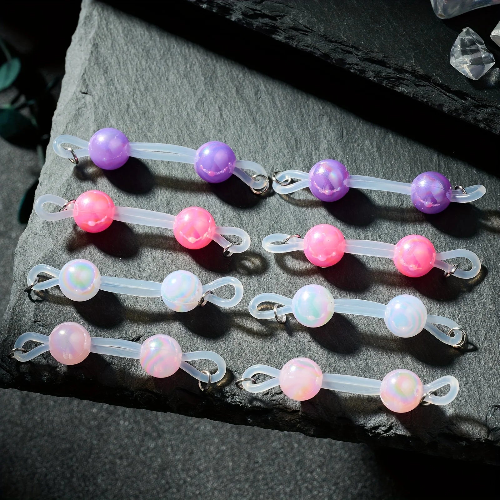 No-Piercing Bead Chains - Pastel Purple, Pink, Iridescent Pink/Blue/Purple/, Adjustable Silicone Rings, Clip-On Jewelry