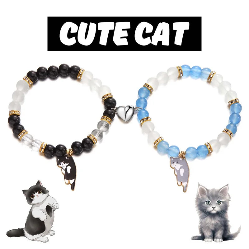 2pcs Magnetic Couple Bracelets Love Heart Shaped Matching Attraction Cat Kitten Pendant Bracelet Women Men Lover Wedding Jewelry