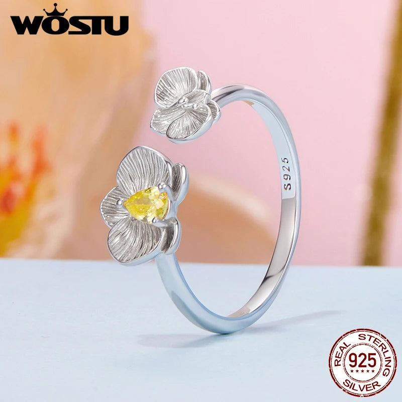 WOSTU 925 Silver Yellow Zircon  Flower Open Ring Citrine Stud Earrings For Women Wedding Jewelry Set Girl Mom's Birthday Gift