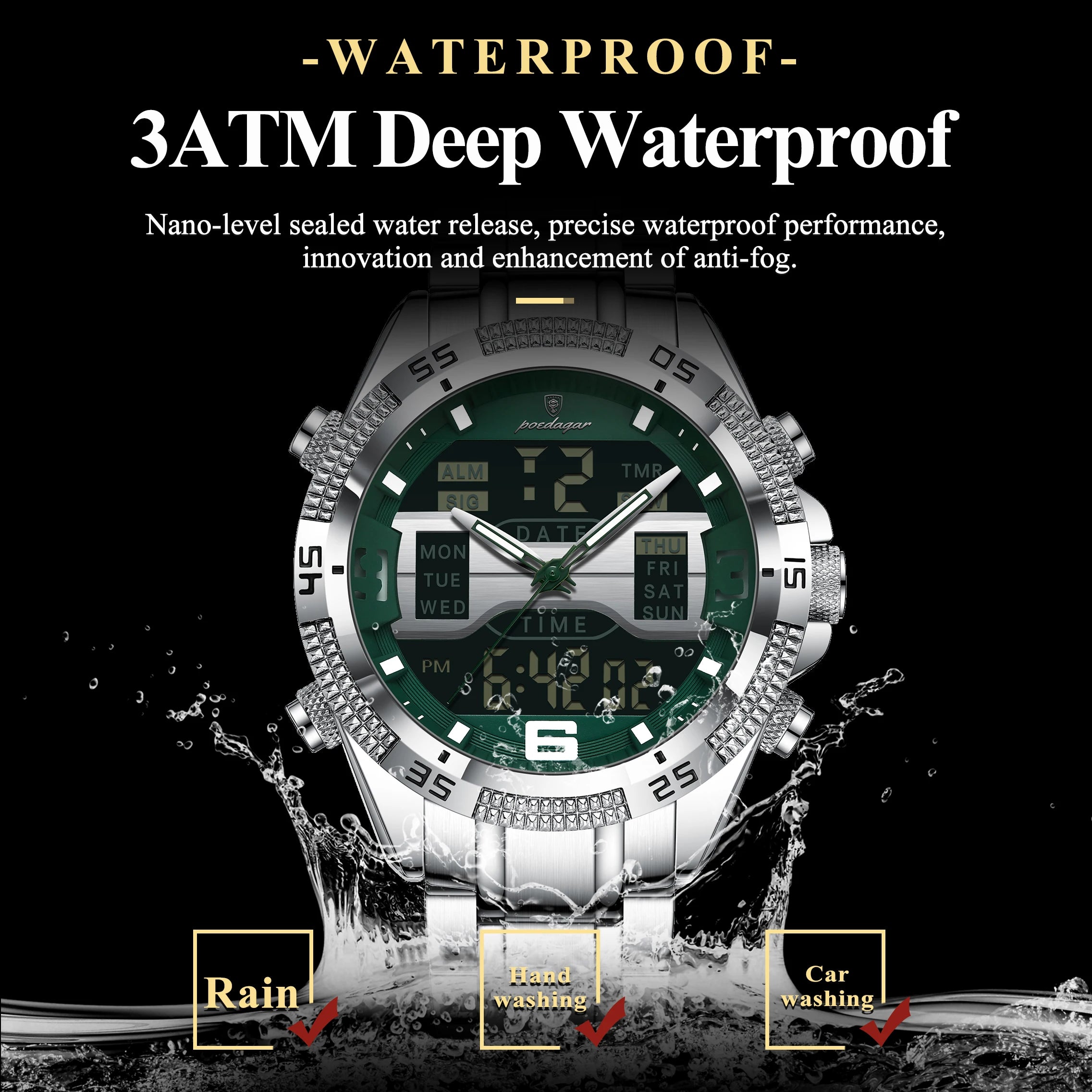 POEDAGAR Sports Luxury Man Wristwatch Dual Time Display Digital Week Date LED Luminous Men Watch Electronic Quartz Men's Watches