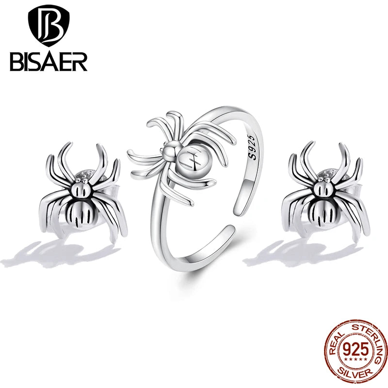 BISAER 100% 925 Sterling Silver Spider Jewelry Sets Animal Open Ring Eloops Pour Femmes Fête Halloween Cadeau Fine Jewelry
