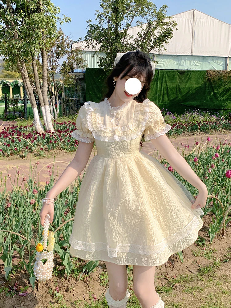 Summer Sweet Lolita Style Princess Dress Women Elegant Chic Puff Sleeve Lace Ruffles Kawaii Mini Dresses Korean Girly Vestidos