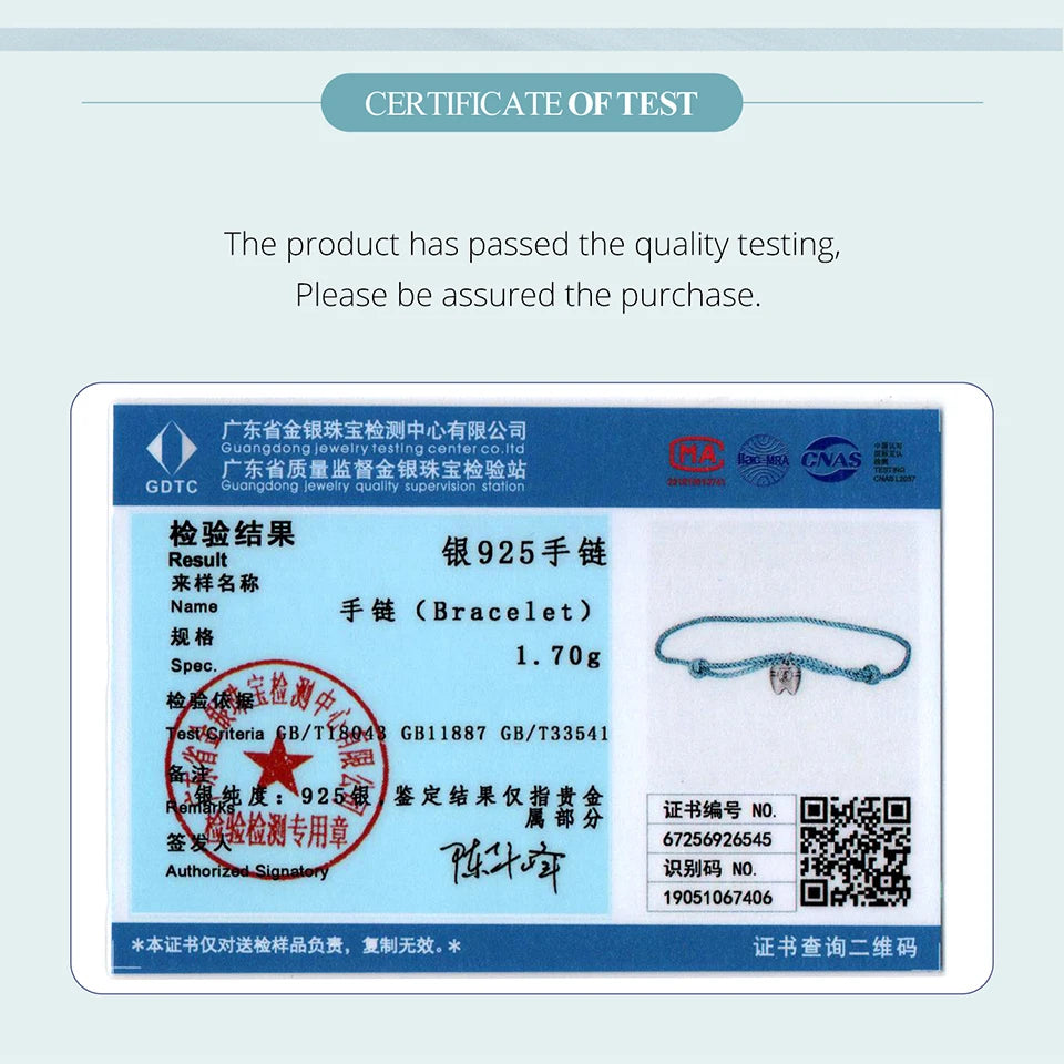 BAMOER 925 Sterling Silver Blue Rope Bracelet Teeth Zircon Pendant Knot Wrist Chain Adjustable for Women Summer Fresh Party Gift