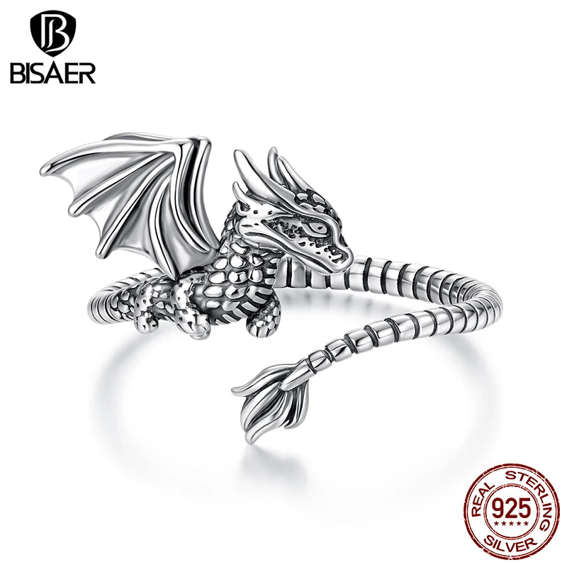 BISAER 925 Sterling Silver Flying Dragon Open Ring Retro Dragon Adjustable Size 5-9 Band for Women Party Original Fine Jewelry