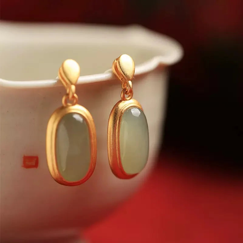 Woman 18k Real Gold Stud Earrings Korean Designer Earrings Luxury Natural Jade Stud Earrings for Women Brincos Pendientes Bijoux