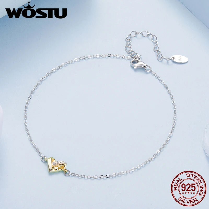 WOSTU 925 Sterling Silver Gold Color Heart Charm Anklet Foot Chain Links, Xmas New Year Girl Daugther Beach Jewelry Holiday Gift