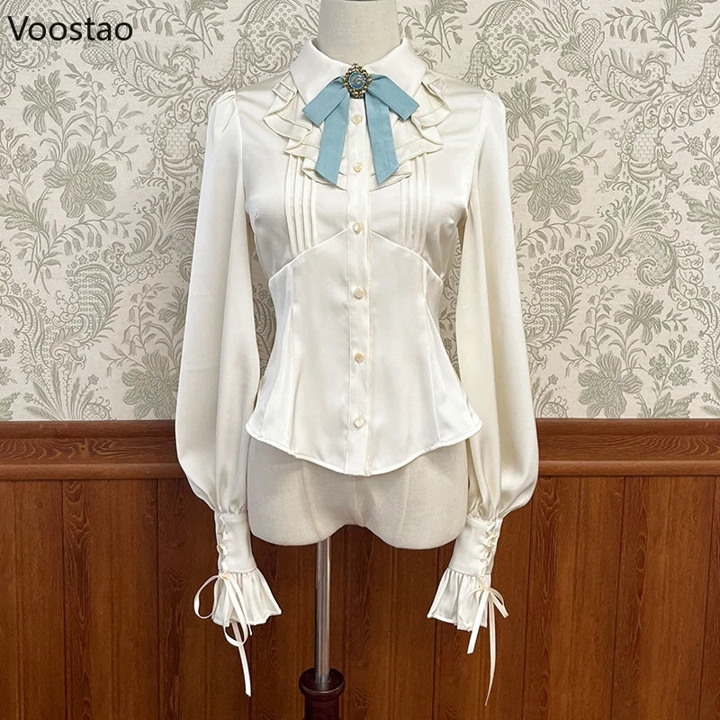 Victorian Gothic Lolita Shirts Women Japanese Vintage Y2k Ruffles Gigot Sleeve Slim Blouses Female Elegant Sweet Princess Shirts - Madeinsea©