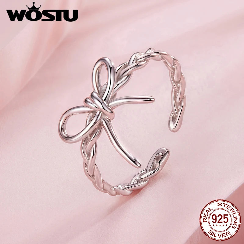 WOSTU 925 Sterling Silver Weaving Bow Ring Elegant Sweet Opening Original for Women Wife Anniversary Birthday Fine Jewelry Gift