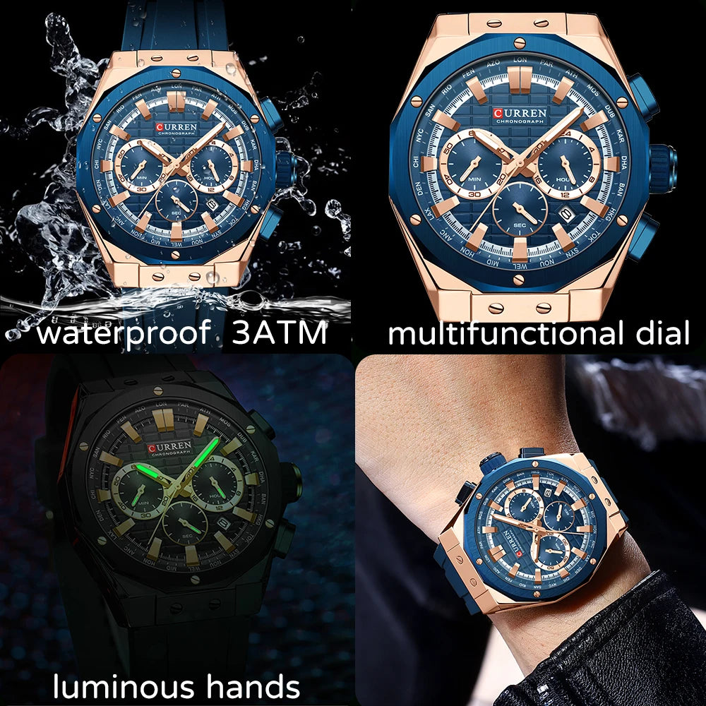 CURREN Casual Sports Quartz Watches for Men Silicone Band Business Chronograph Wristwatch with Date