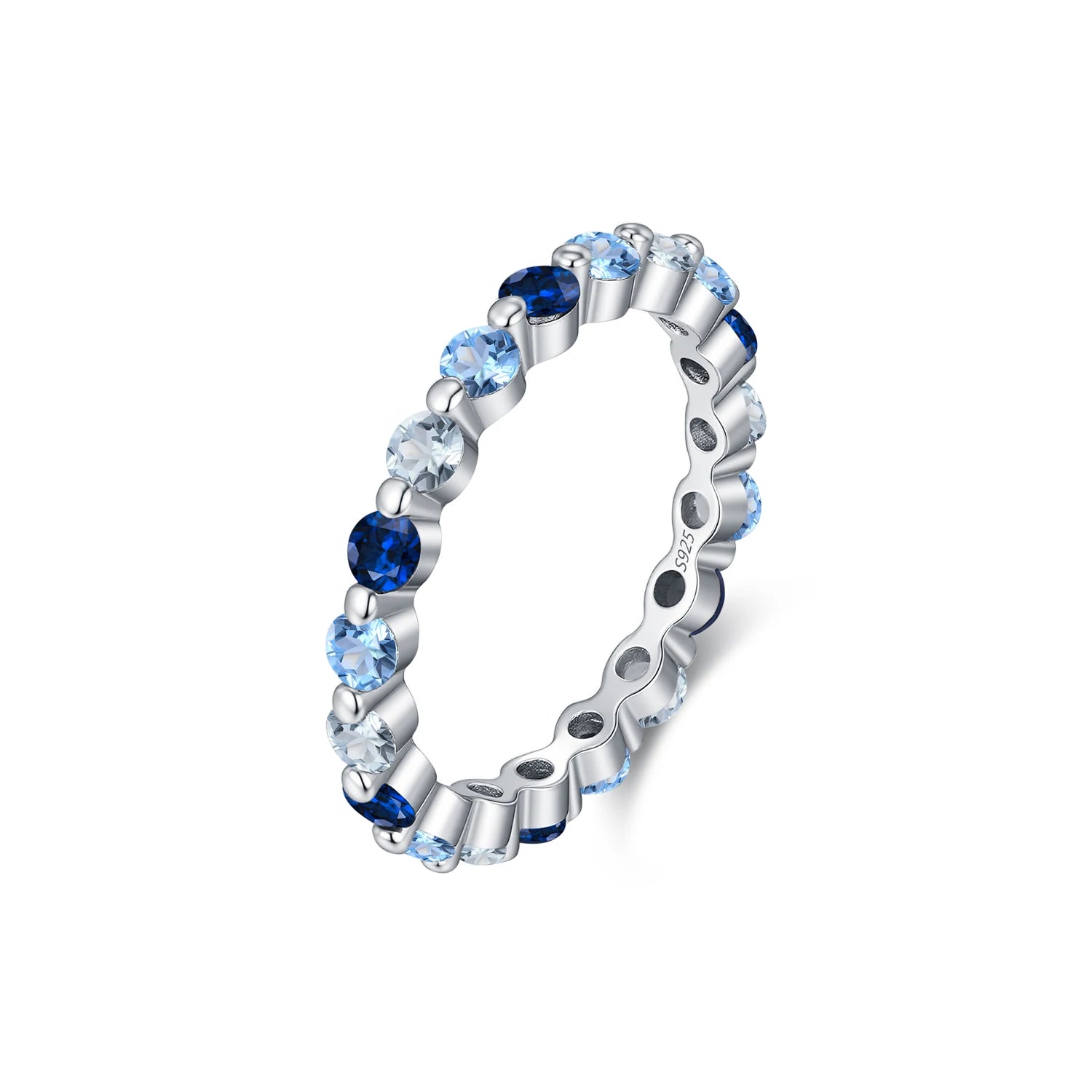 MODIAN 925 Sterling Silver Trendy Sparkling Gradient Blue Round CZ Stacking Eternity Band Rings For Women Fine Jewelry