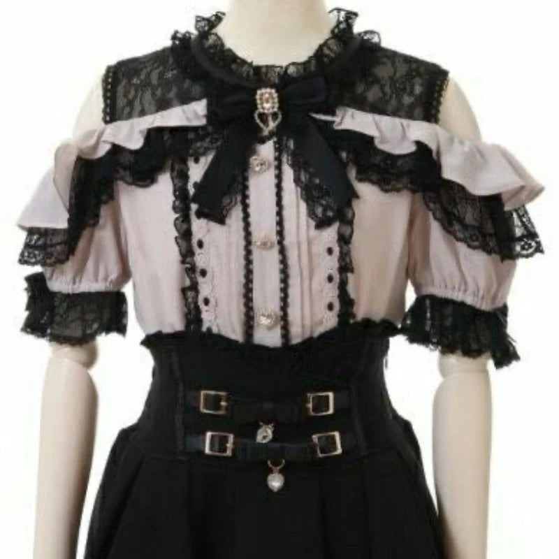 Japanese Sweet Lolita Blouses Women Elegant Love Heart Bow Off Shoulder JK Shirt Girls Casual Lace Ruffles Blusas Mujer Tops