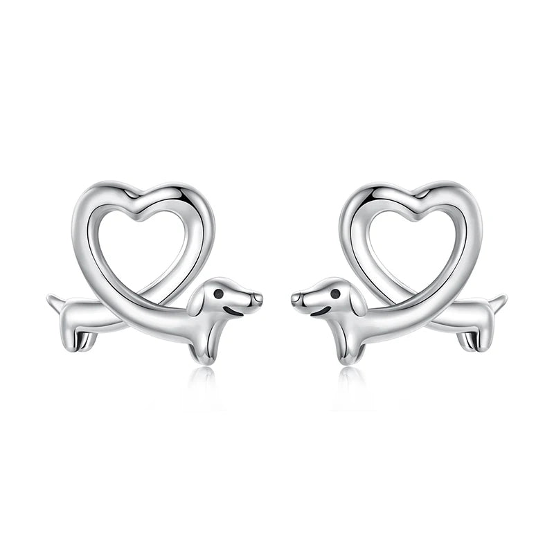 WOSTU 925 Sterling Silver Dachshund Heart Stud Earrings For Pet Lover, Unique Girl Birthday Gift S925 Animal Dog Ear Studs