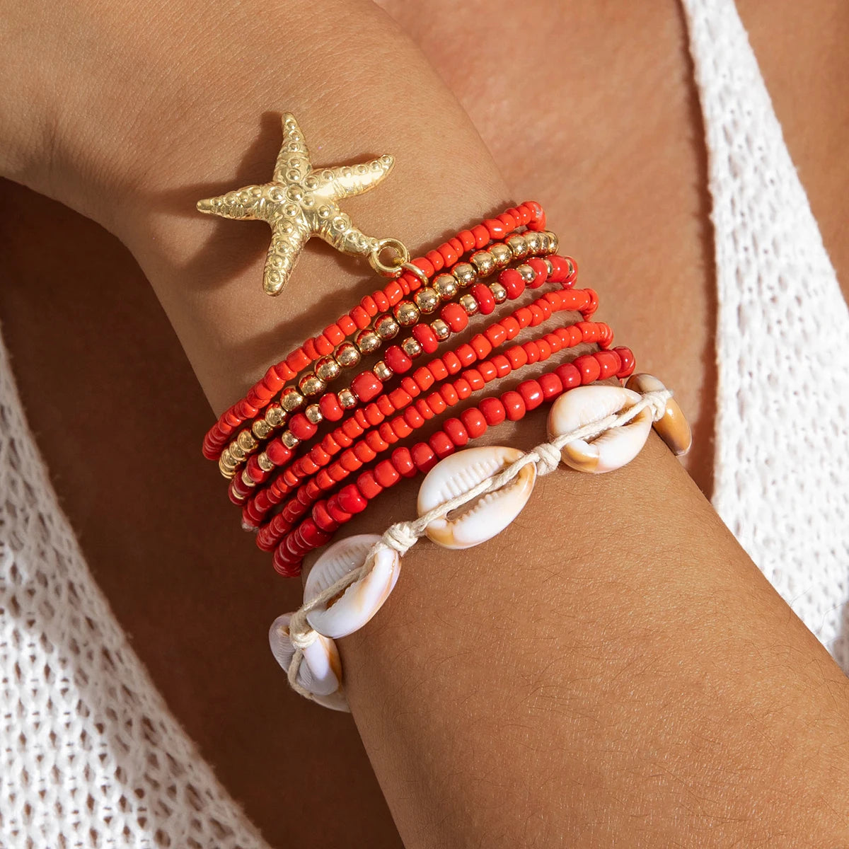 Tocona Bohemian Resort Style Shell Beaded Weaving Bracelet Beach Style Starfish Rice Beads Seven Piece Set for Women 25134 - Madeinsea©