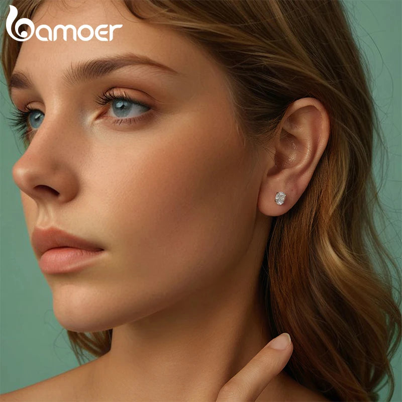 BAMOER 925 Sterling Silver Classic Sparkling Oval Solitaire CZ Stud Earrings for Women, White Gold Plated Hypoallergenic Earring