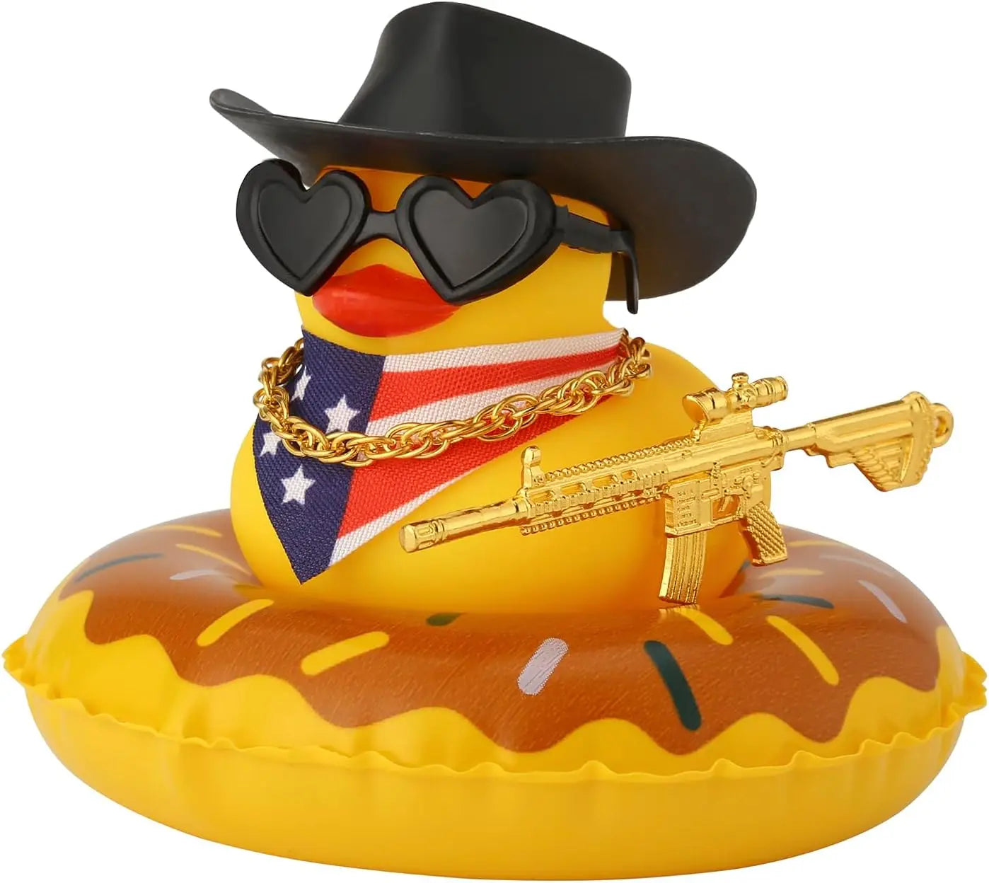 Rubber Duck with Weapon for Car Dashboard Decor, Squeaky Duck Toy Yellow Cowboy Ducks Car Ornament Fun Car Accessories