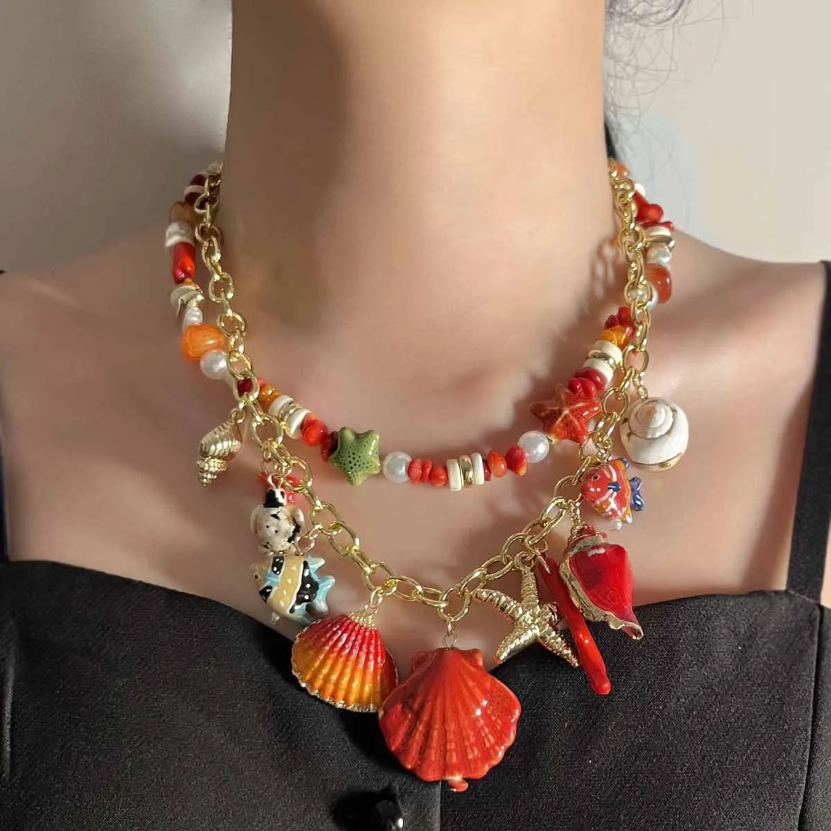 Ocean Vacation Style Creative Design Scallop Conch Pendant Double-layer Necklace