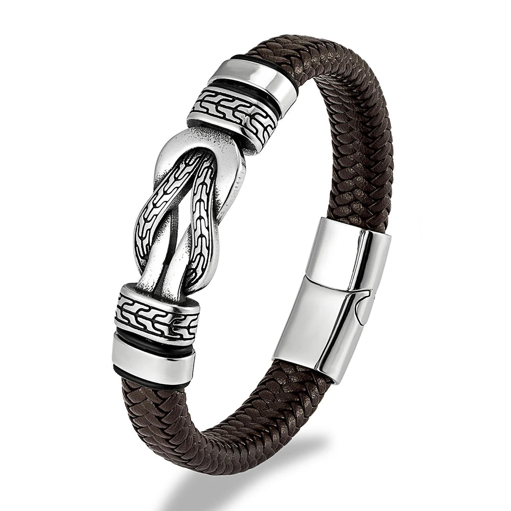 MKENDN Classic Men Infinity Bracelet Woven Multilayer Braided Leather Bracelets Stainless Steel Sailor Knot Jewelry Gifts