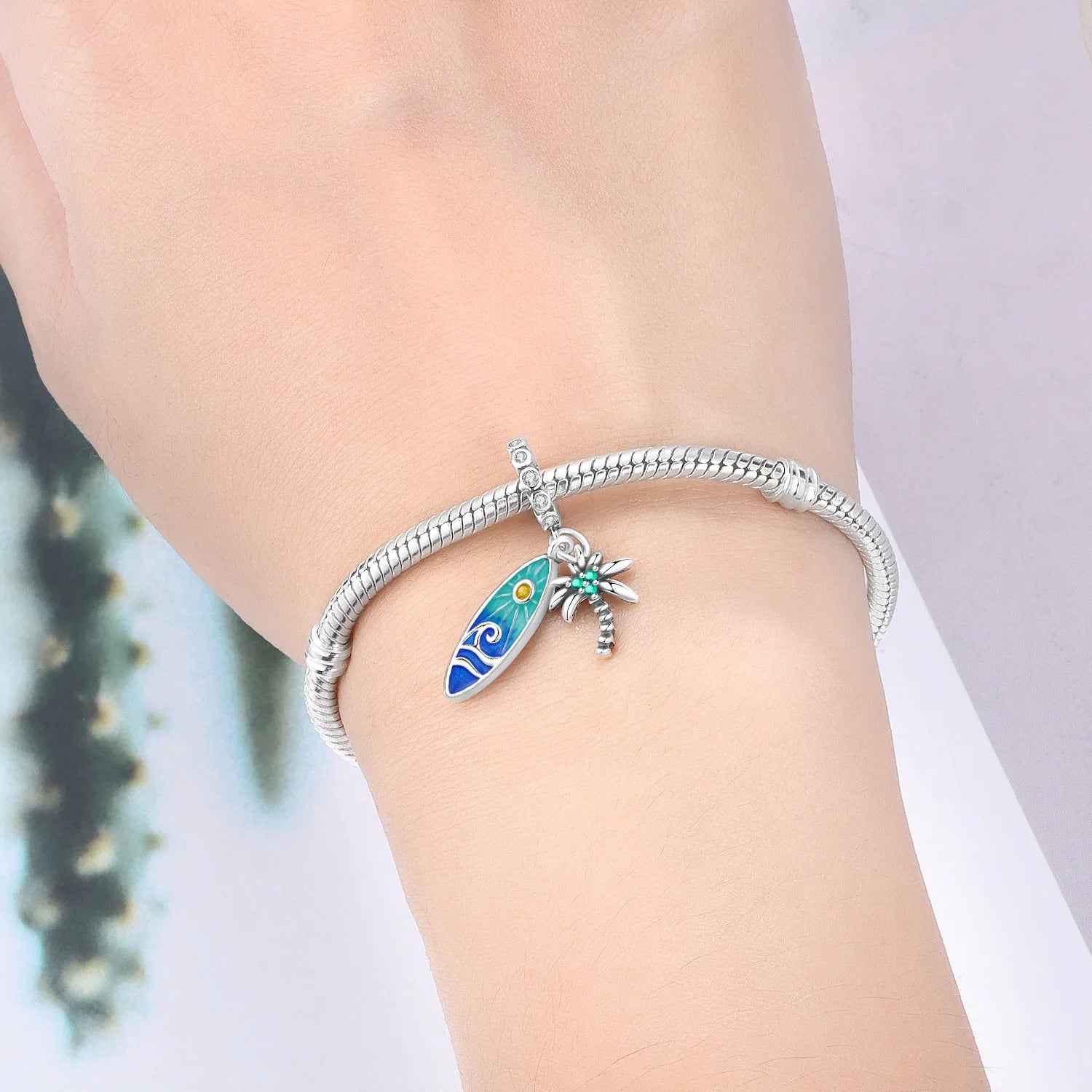 PANPOKI 925 Sterling Silver Surfboard Coconut Tree Pendant Charms Beads Fit Bracelet DIY Party Trendy Gift Jewelry Accessory