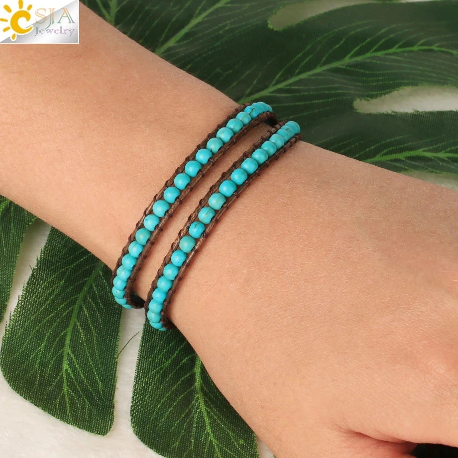 CSJA Turquoise Man Bracelet Bohemian Handmade Braides Bangle Indian Agate Crystal Beaded Double Layer Bracelets Women Homme S625
