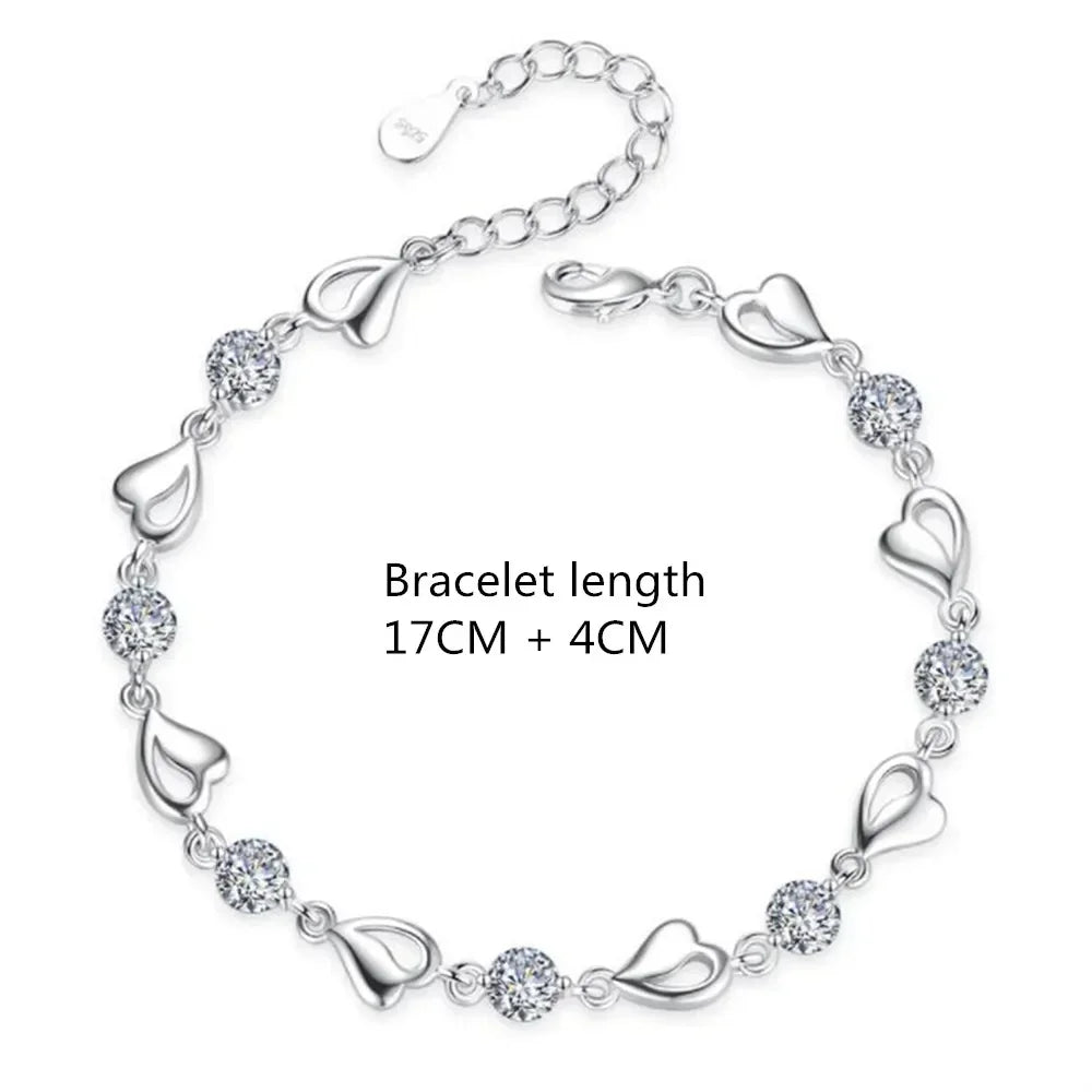 925 Sterling Silver Heart Shaped Necklace Bracelet Set for Women Vintage Korean Crystal Bracelets High Quality Set Party Jewelry - Madeinsea©