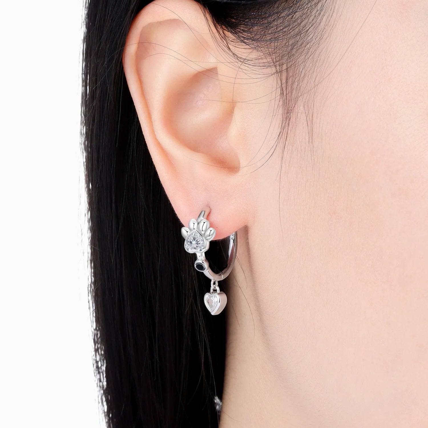 PANPOKI 925 Sterling Silver Black White Paw Print Love Heart Drop Earrings Women Earrings Charm Versatile Party Jewelry Gifts