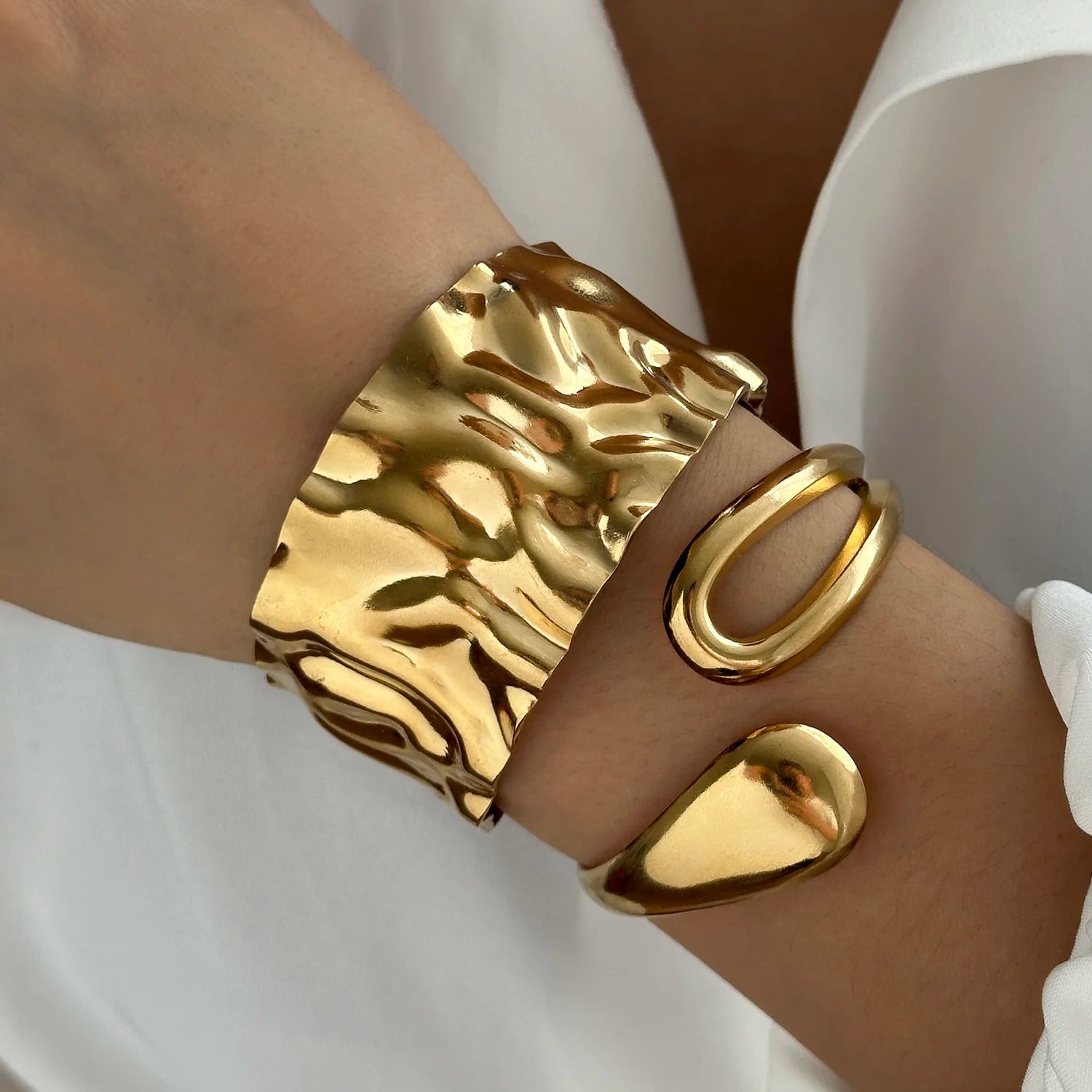 Stainless Steel Multilayer Wave Wide Bangles for Women Gold Color Metal Chunky Flower Cuff Bangle Bracelets Aesthetic Jewelry