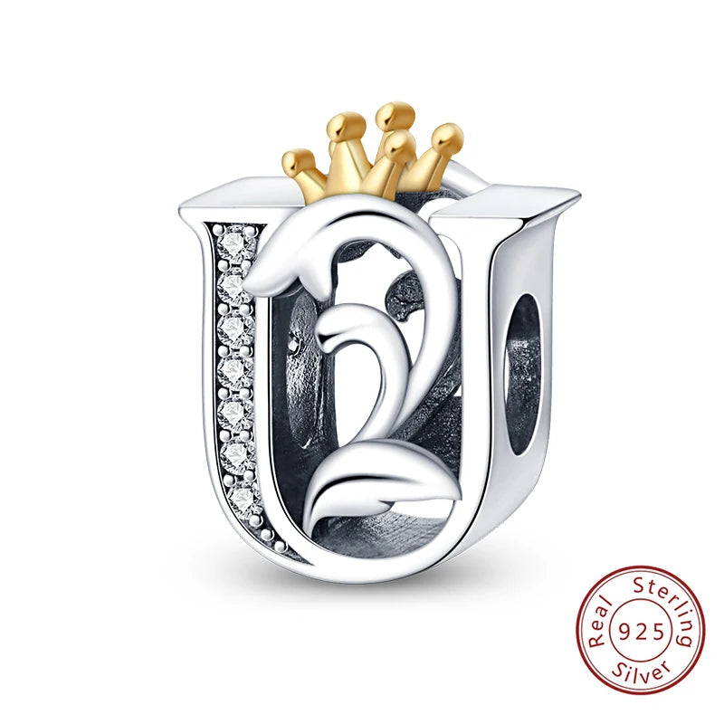 925 Sterling Silver 26 Alphabet A-Z Crown Letters Charms Bead Fit Original Bracelet Fine DIY Charm For Woman Anniversary Jewelry