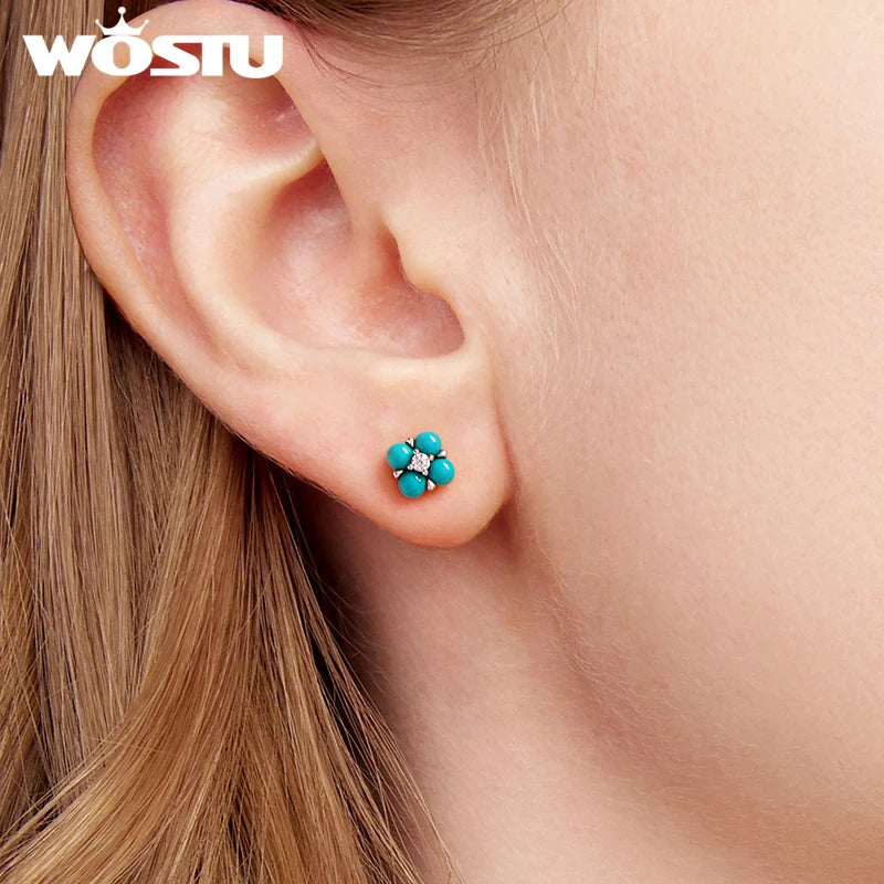 WOSTU 925 Sterling Silver Mini Turquoise Four Leaf Clover Stud Earrings For Women With Shiny Zircon Wedding Engagement Jewelry