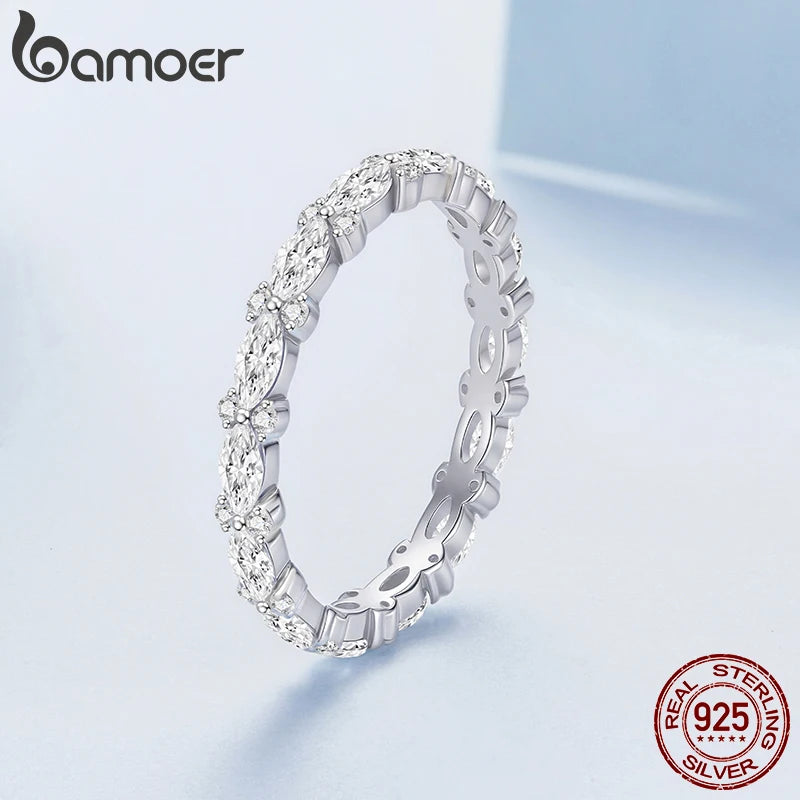 BAMOER 925 Sterling Silber Ovaler Pavé-Zirkonia-Ring Stapelbarer Fingerring Vollständig funkelndes Geburtstagsgeschenk für Damen