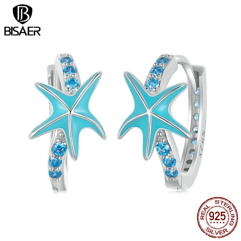 Boucles d'oreilles créoles en argent sterling 925 BISAER en forme d'étoile de mer avec zircon bleu plaqué platine pour femme, bijoux fins pour fête sur la plage