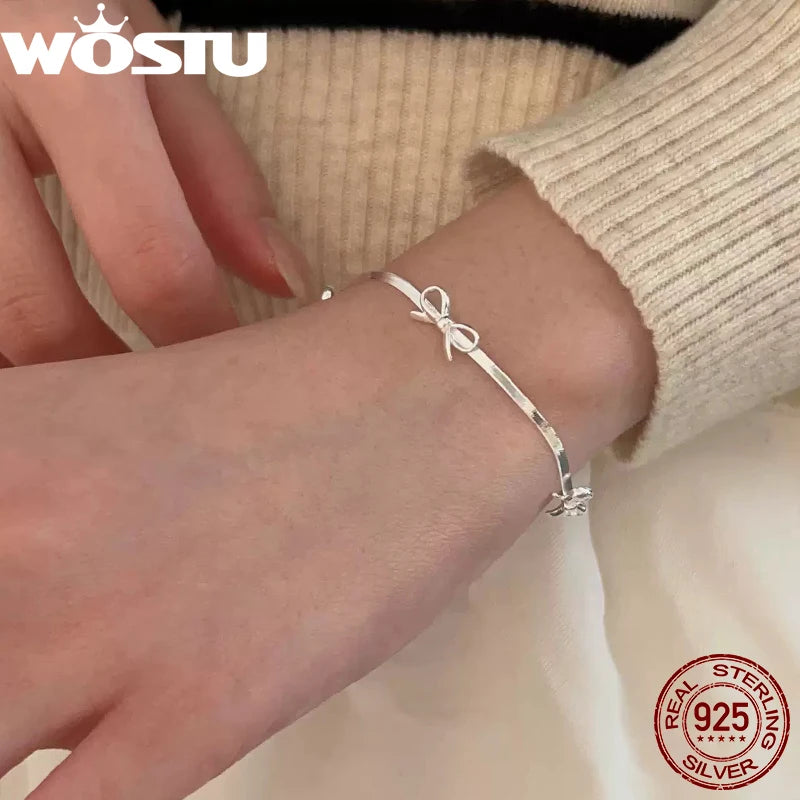 WOSTU  Solid 925 Sterling Silver Sweet Bow Bracelets for Women Korean European Style Bowknot Snake Chain Bangle Chain Bracelet