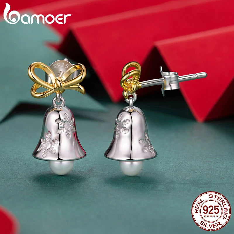 BAMOER 925 Sterling Silber Schneeflocken-Ohrstecker mit Glockenmotiv, Goldene Schleifen-Ohrhänger mit tanzenden Perlen für Damen und Mädchen – Weihnachtsgeschenk