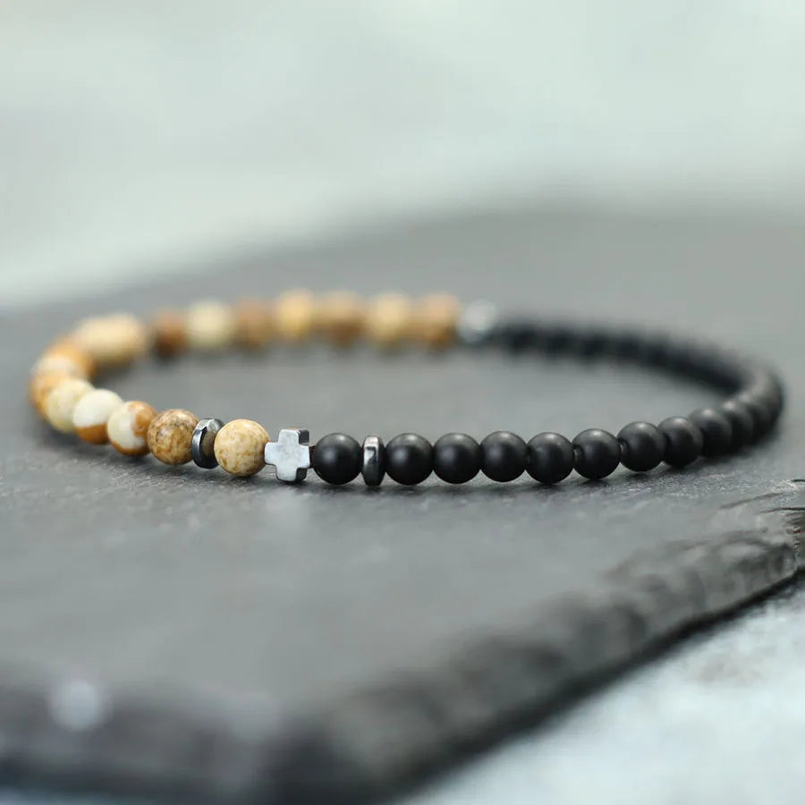 Minimalist Men Cross Bracelet Bicolor Black White 4mm Beads Strand Braslet Volcanic Rock Turquoises Stone Energy Healing Braclet