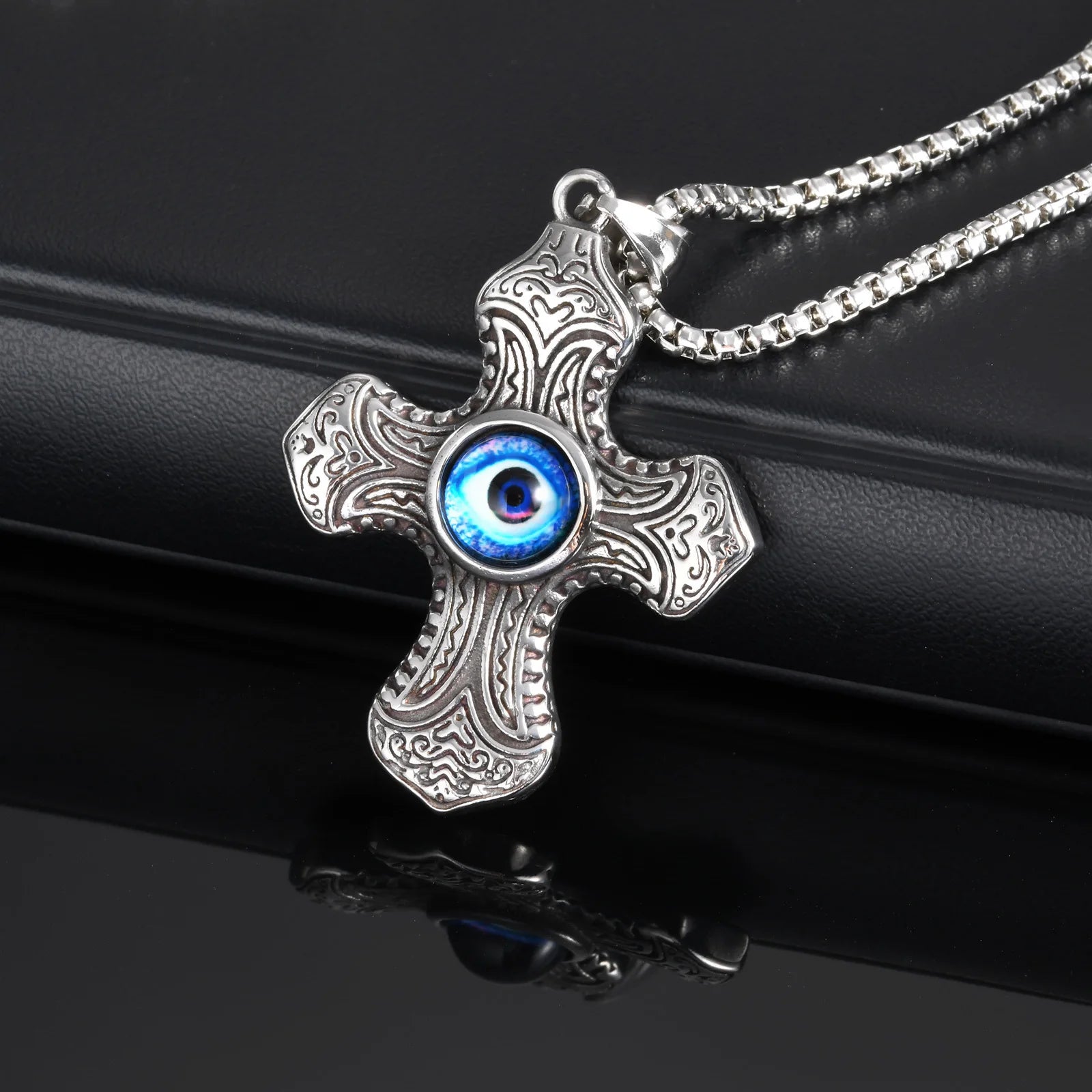 Vnox Vintage Turkish Evil Eye Centered Cross Necklaces for Men Boys, Punk Ethnic Tribal Textured Cross Pendant Collar