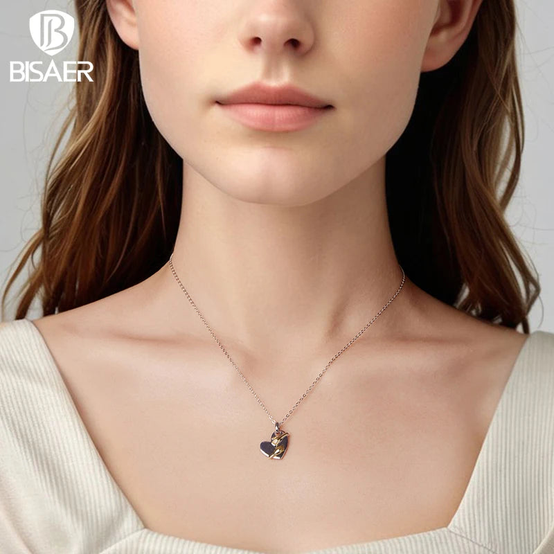 BISAER 925 Sterling Silver Hug Heart Pendant Necklace Adjustable Chain Plated White Gold for Women Party Fine Jewelry EFN441