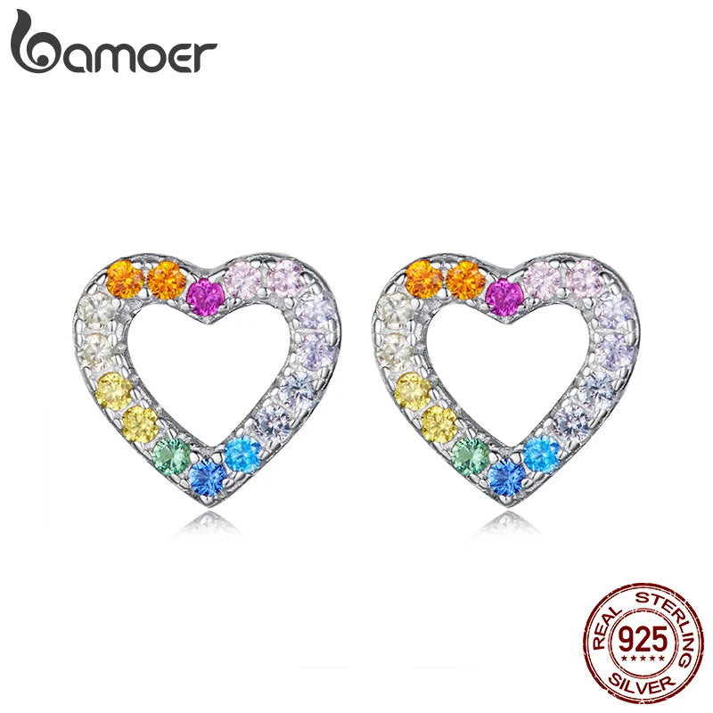BAMOER 925 Sterling Silver Rainbow Hollowed Heart Stud Earrings for Women Full CZ Piercing Earrings Cute Jewelry Date Gift