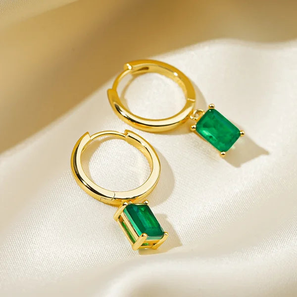 OXTAO 925 Sterling Silver 14K Gold Plated Gemstone Drop Hoop Earring Classic 7x5mm Emerald Earrings for Women Fine Jewelry Gift