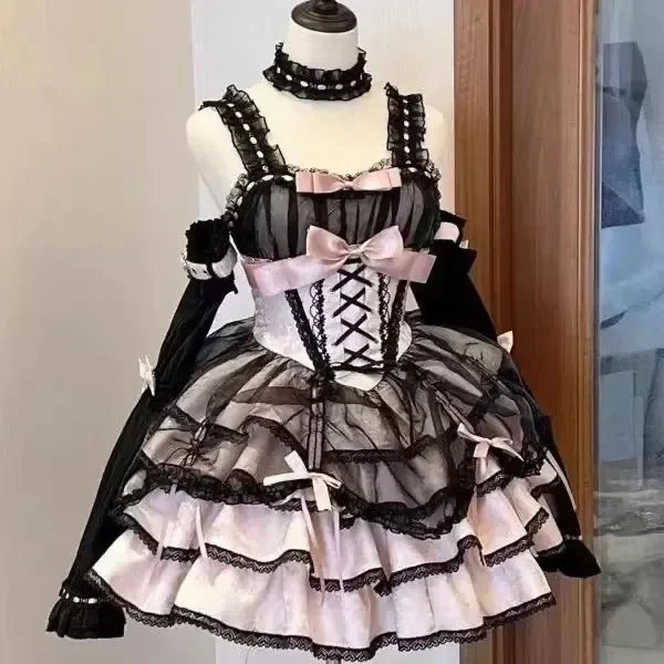 Japanese Sweet Cute Lolita Jsk Dress Women Gothic Y2k Bow Lace Ruffles Evening Party Mini Dresses Harajuku Kawaii Black Vestidos