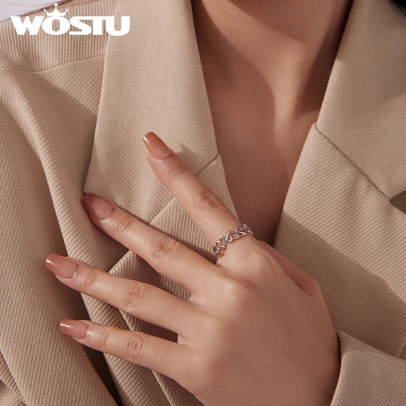 WOSTU Real 925 Sterling Silver Heart To Heart Open Ring For Women, Adjustable Stacking Hollow Ring Valentine's Day Gift for Her