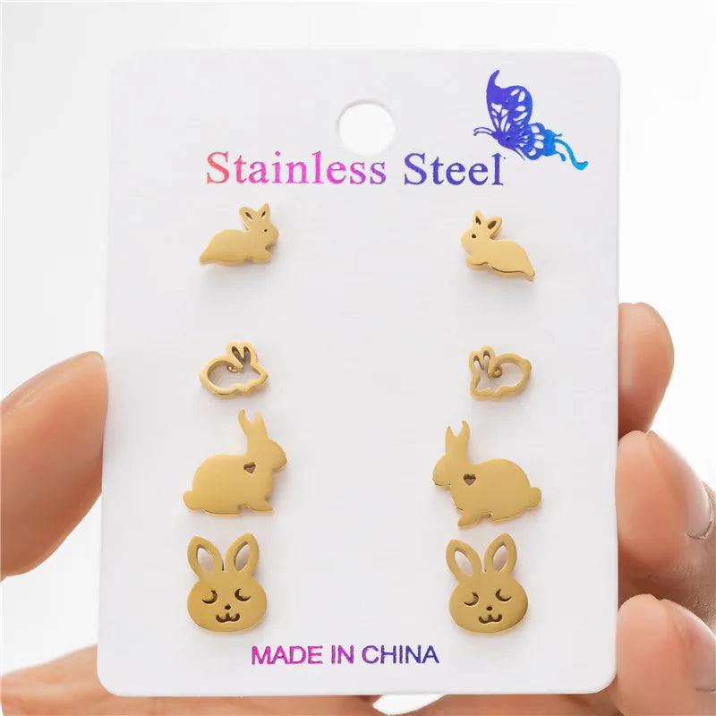 4Pairs/Lot Tiny Rabbit Earrings Women Cute Stainless Steel Bunny Stud Earring Sets for Girls Fashion Animal Ear Studs Birthday