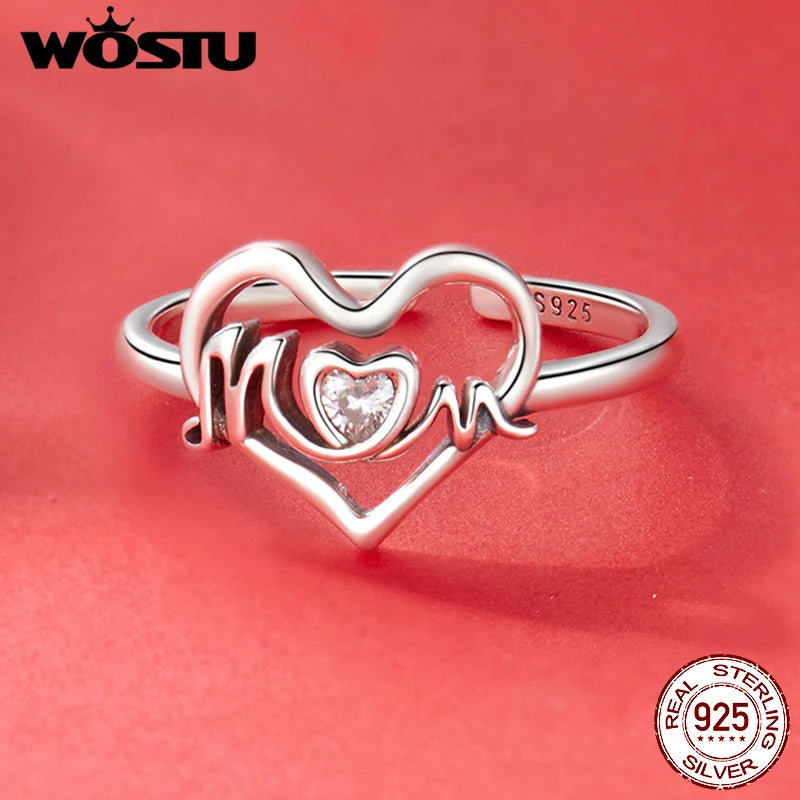 WOSTU 925 Sterling Silver Letter Mom Heart Open Ring For Women Shiny AAA Zircon Stackable Rings Mother's Day Jewelry Faimly Gift