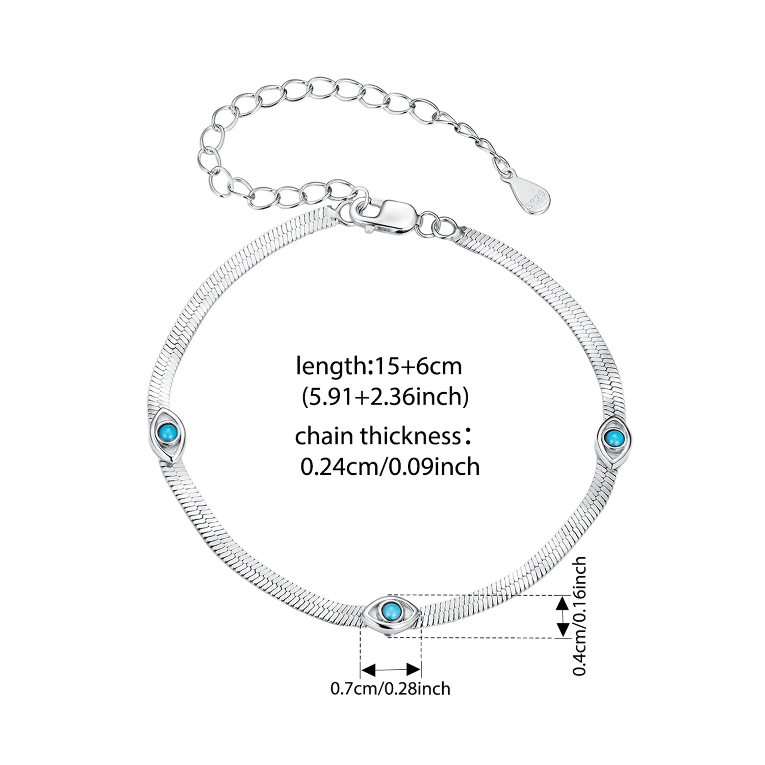 Bamoer 925 Sterling Silver Devil's Eye Bracelets Wide Flat Snake Chain Turquoise Charm Bangle Adjustable for Women Retro Gift