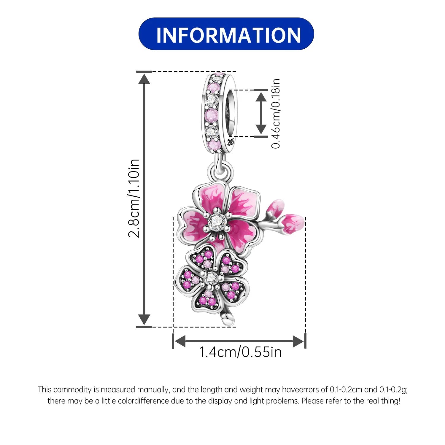 PANPOKI 925 Sterling Silver Pink Cherry Blossom Flower Beads Original Pendants Bracelet Charm Jewelry Party DIY Trendy Gifts