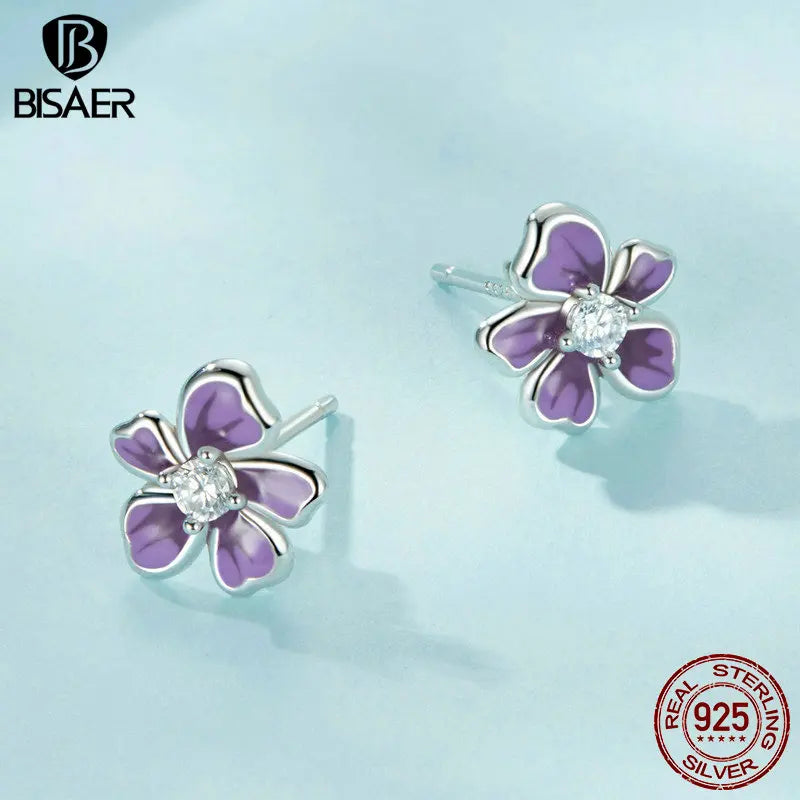 Boucles d'oreilles à tige en argent sterling 925 BISAER à fleurs multiples Boucles d'oreilles en fleurs de cerisier pour femme Plaqué platine Bijoux fins Cadeau