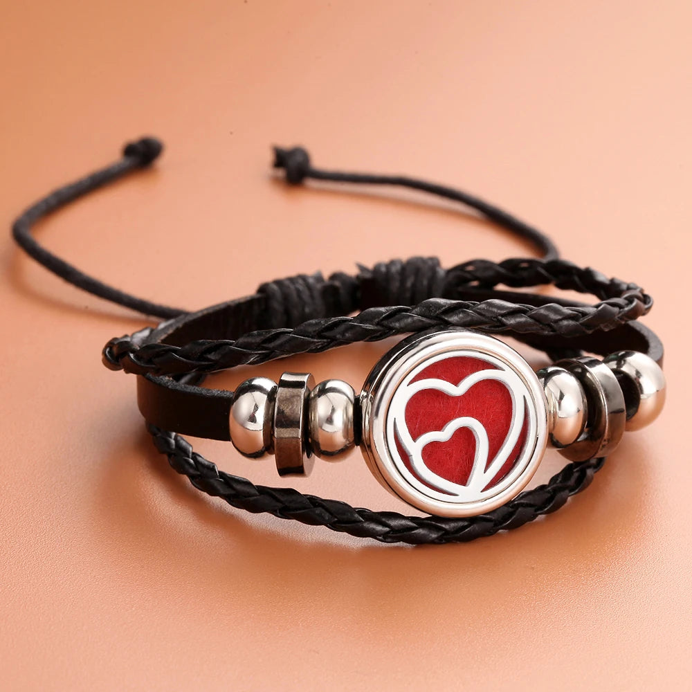 Black Leather Aromatherapy Bracelet Bangle Adjustable Leather Bracelet Perfume Essential Oil Diffuser Bracelet Locket Jewelry