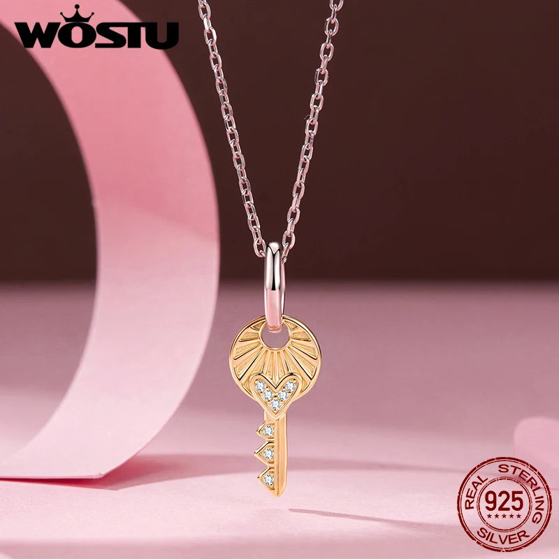 WOSTU 925 Silver Valentine's Gift Love Heart Charm Key Pendant Red Murano Glass Bead Fit DIY Jewelry make For Bracelet Necklace